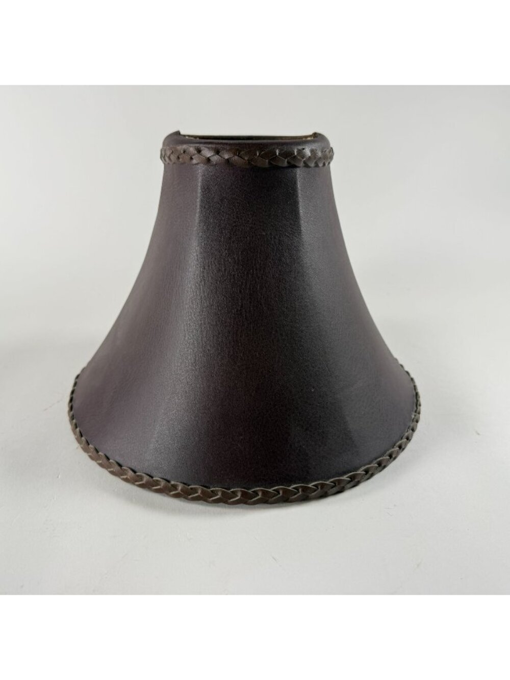Vintage Dark Brown Leather Lamp Shade With Braided Trim 8x10.5